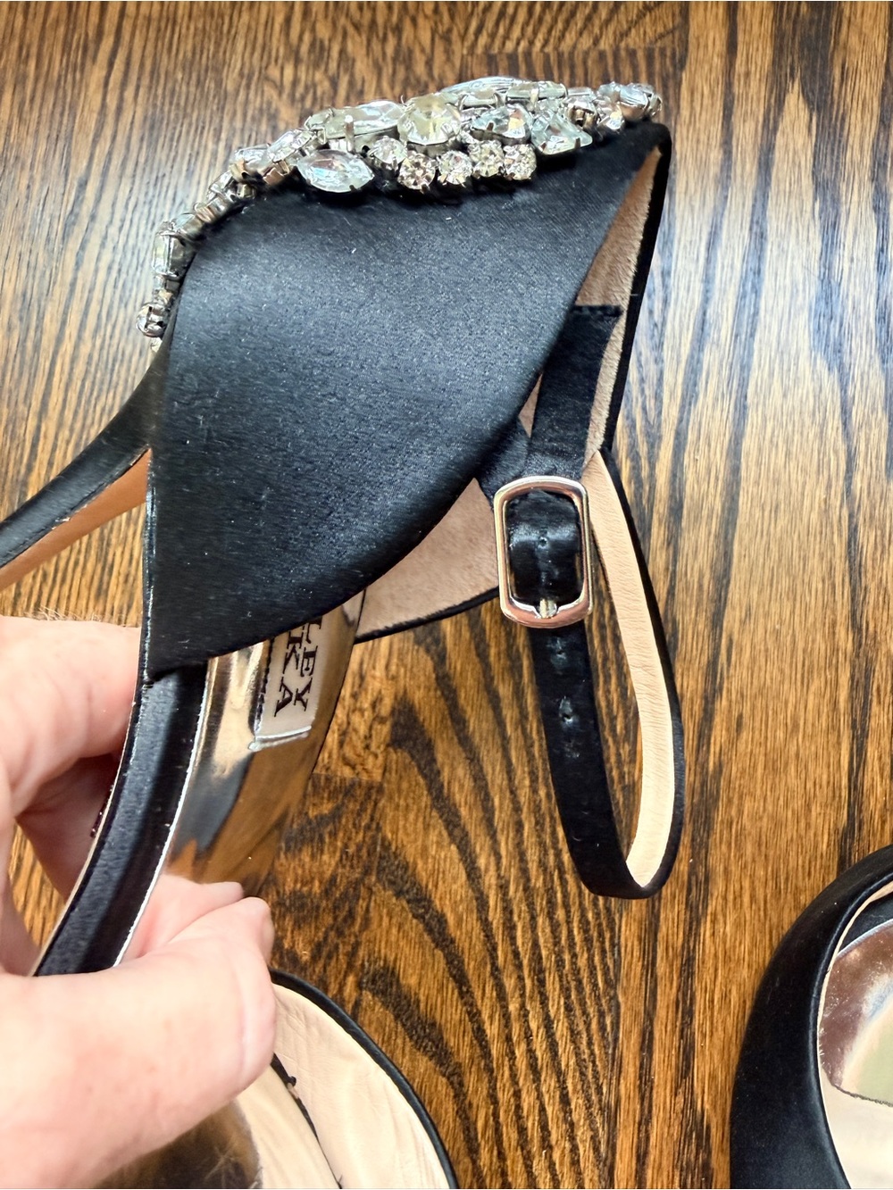 Badgley Mischka Black Satin Crystal Embellished Ankle Strap Heels size 7 - Picture 6 of 12
